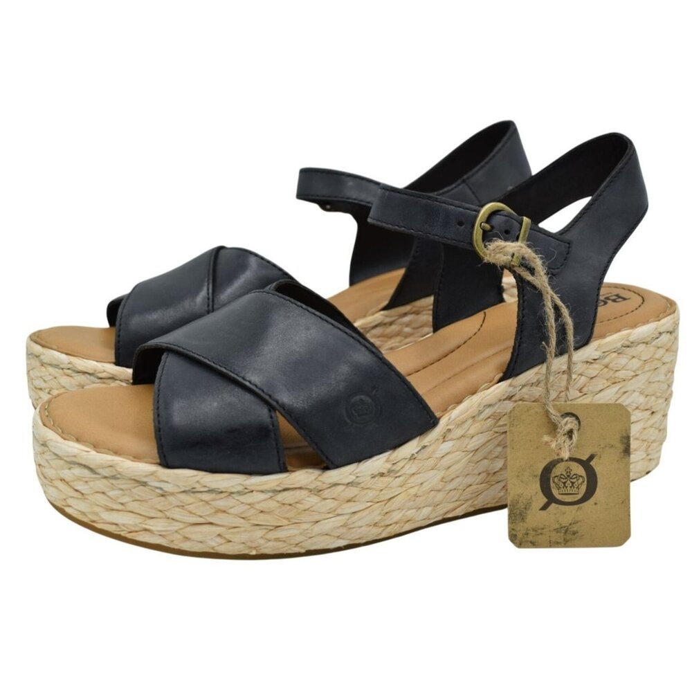 Born Women 11 Moriah Black Full Grain Leather Espadrilles Platform Wedge Sandals